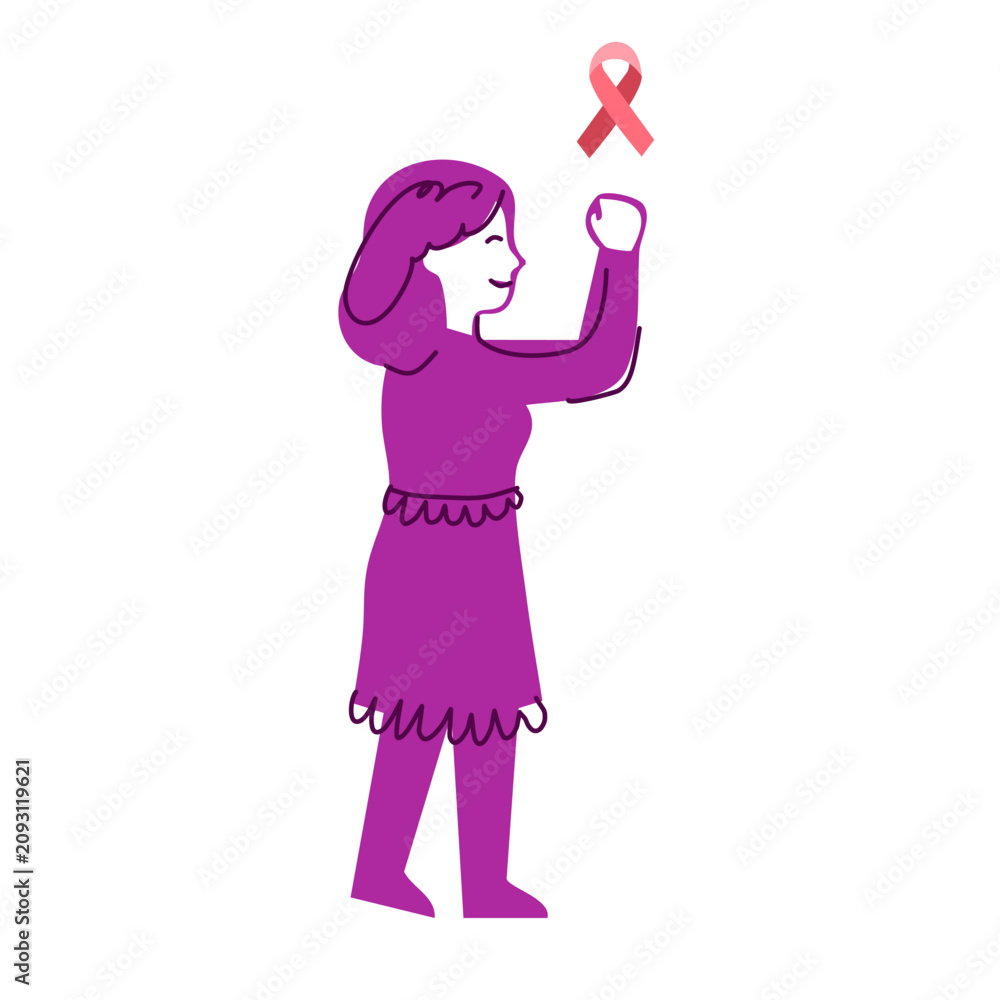 Fototapeta premium proud woman holding pink ribbon raising her strong fist