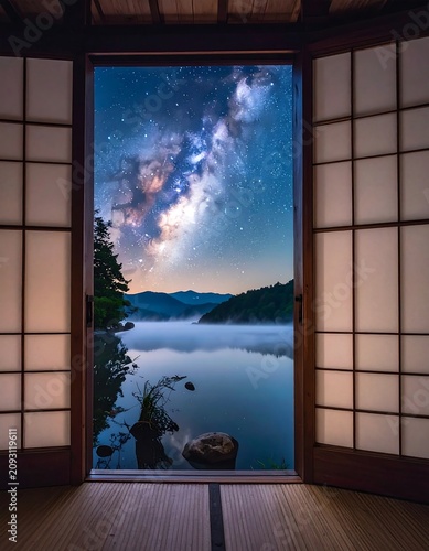Japanese shoji screen opens to lake, mist, mountains, and Milky Way