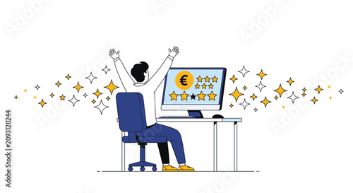 Ecstatic office worker celebrating excellent five-star rating and euro currency financial gains on his computer monitor.