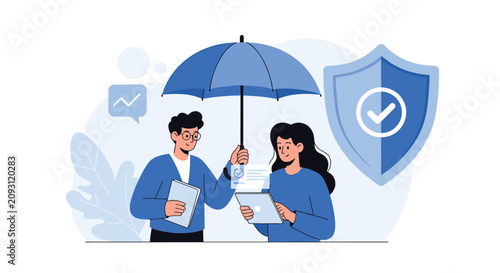 Professional agent holding a blue umbrella over a client to demonstrate financial protection and secure insurance plans.