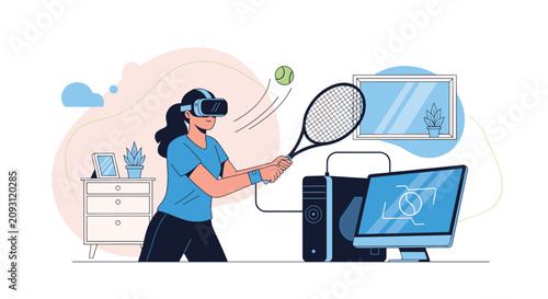Active young woman wearing a virtual reality VR headset and playing interactive tennis in her modern living room.