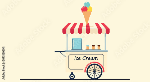 Retro styled street vendor kiosk selling delicious cold ice cream with a colorful red and white striped awning.