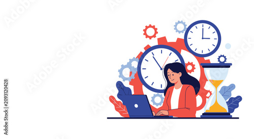 Business woman working on laptop trying to meet deadlines with giant clocks and hourglass behind her vector.