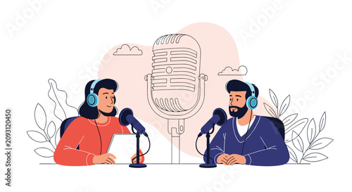 Professional podcast hosts recording a radio show in modern studio with giant microphone outline in background.
