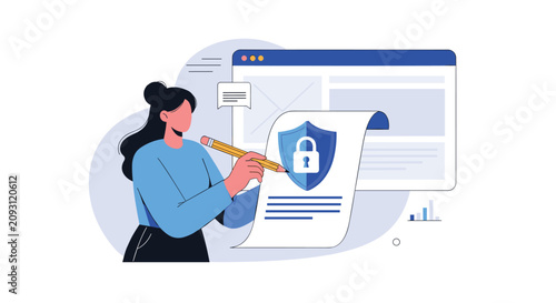 Secure data signing process with woman writing on personal agreement document protected by secure shield lock.