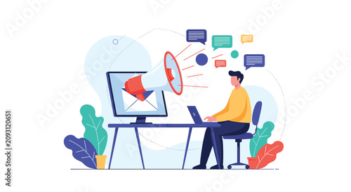 Email marketing and public relations concept with professional man sending newsletter with giant megaphone.