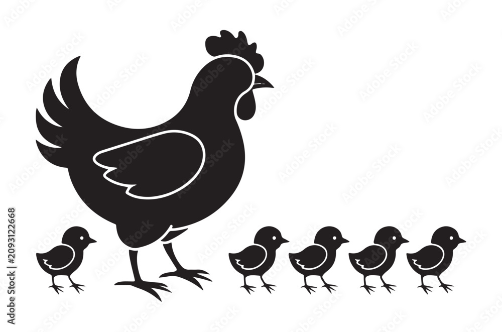 Fototapeta premium Hen With Chicks Silhouette On White Background