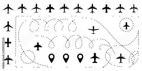 Konstfotografi aviation route map with airplane silhouettes and dotted lines silhouette flight