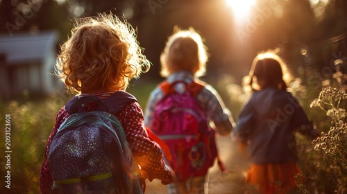 Happy children walking to school with backpacks through a sunny park, perfect for education promotion, back to school