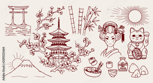 Fotografie Ancient Japanese history doodle background, traditional Hellas culture line art