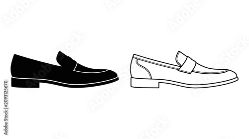 Foto Loafer Shoes Black Silhouette And Line Art On White Background