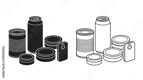 Canned goods and beverage containers black and white vector illustration