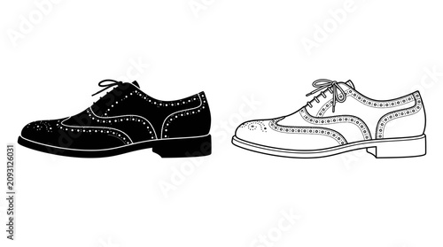 Quadro su tela Two brogue shoes black and white line drawing on a white background