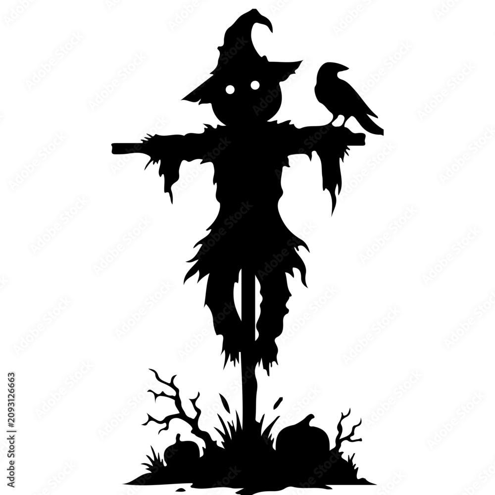 Fototapeta premium Halloween Scarecrow Silhouette with Crow, Spooky Haunted Farm Vector Illustration