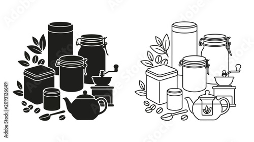 Tableau sur toile Coffee Containers And Accessories Black And White Vector Illustration