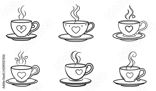 Bild auf Leinwand Line drawing of teacups with heart shaped details on a white background a set of