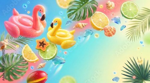 Floating tropical objects create a vibrant summer scene in gradient blue.