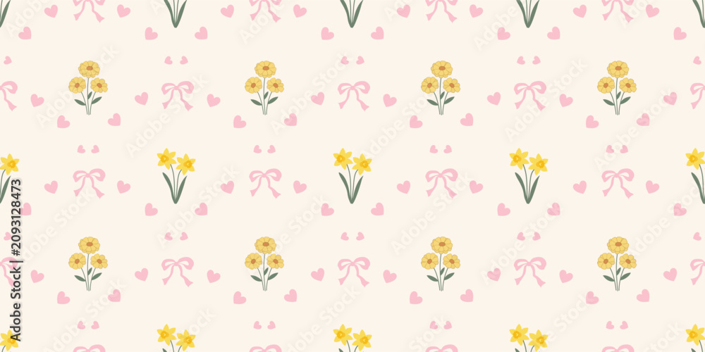 Fototapeta premium Coquette floral trellis seamless pattern with bows and ribbons. Preppy spring summer hand drawn flowers. Botanical elegant trendy. Vintage design for fabric, wallpaper, decor, background, paper