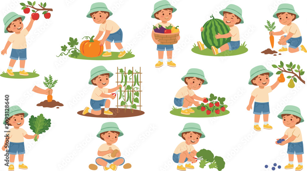Fototapeta premium Cute Kids Gardening and Harvest Collection with Children Growing Fruits and Vegetables Cartoon Vector Illustration