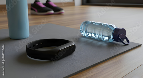 A woman's fitness equipment resting on a gray yoga mat on a wooden floor. A light blue water bottle, black fitness tracker and a pair of athletic shoes are arranged on the mat.