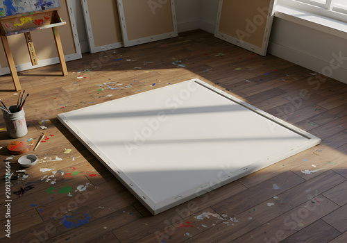 Empty canvas on a wooden floor in an artist's studio. Blank, unadorned canvas rests on a hardwood floor, surrounded by paint splatters and artist's supplies.
