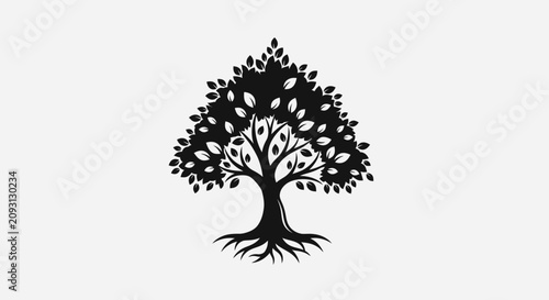 Quadro su tela Black tree silhouette with roots and leaves on white background with leaves agai