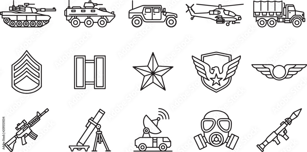 Fototapeta premium Military equipment and rank insignia line icon set featuring vehicles weapons and tactical gear vector illustration