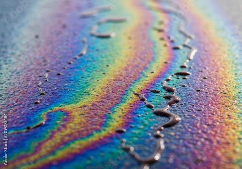 Colorful rainbow oil spill sheen swirling on wet asphalt showing iridescent pollution on a road surface