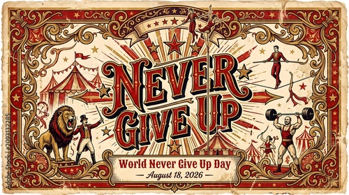 Vintage style circus poster featuring motivational never give up typography surrounded by traditional performers like lion tamers and acrobats in a decorative red and gold frame for august event
