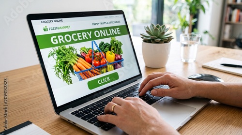 Hands typing on laptop. Ordering groceries online via digital store. User