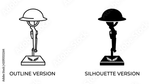 Schilderij op canvas Memorial Tribute: Two iconic military memorial statues, one an outline and the other a silhouette, stand as solemn tributes to fallen soldiers, symbolizing remembrance and sacrifice