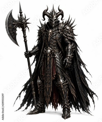 Dark Fantasy Warlord with Skull Armor and Battle Axe Isolated on White