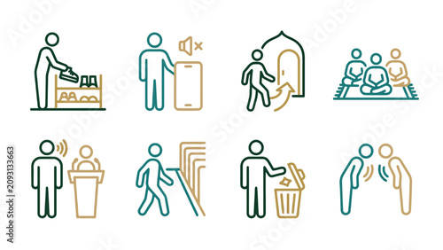 Line icons illustrating social activities in community gatherings