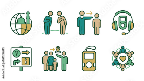 Social interaction line art icons related to tourism and community information