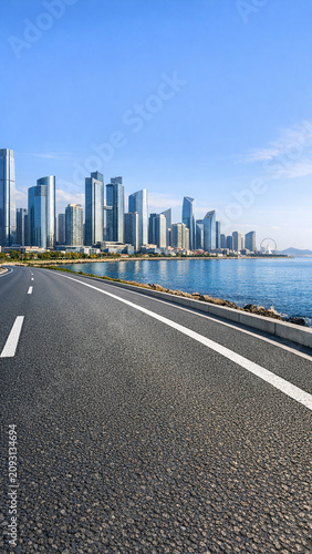 Urban skyline along shoreline, clear skies, modern architecture, vibrant city life