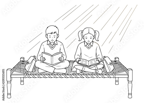 Tableau sur toile Rural education scene, two children studying on a traditional charpai bed, young students reading books, black and white line art vector illustration for learning and development concepts