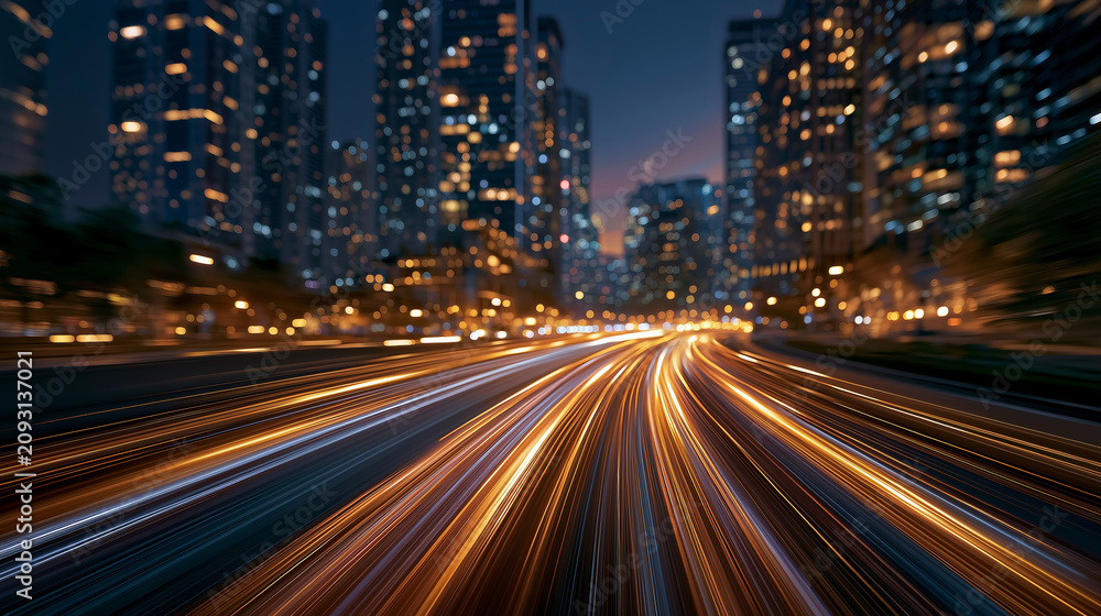 Naklejka premium Speeding Through the Metropolis: A dynamic long-exposure shot captures the exhilarating blur of light trails on a highway amidst a futuristic cityscape at night.