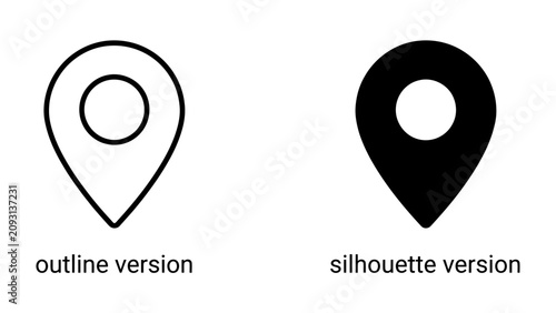 Cuadro en lienzo Location Pin Icons: Two stylized location pin icons, one in outline and the other as a solid silhouette, represent navigation and placement