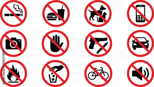 Фотография Red Circular Prohibited Sign Icon Set with Forbidden Symbols for No Smoking, Foo