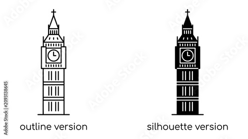 Konstfotografi Big Ben Icon Set: A graphic representation of Big Ben clock tower, presented in both an outline and silhouette version, symbolizing London's iconic landmark