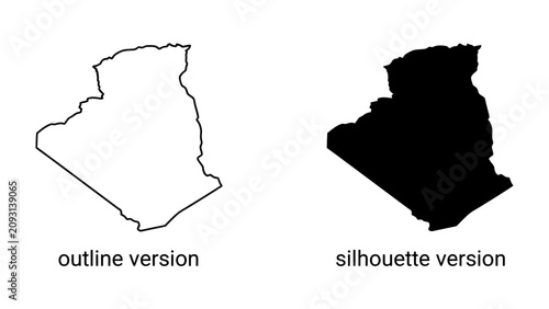 Fotografie Algeria Map Outline and Silhouette: A clear depiction of Algeria's geographical boundaries shown in both an outline and a solid silhouette form, perfect for educational or informational purposes