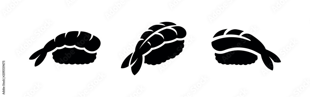 Fototapeta premium Shrimp Nigiri sushi icon set in black and white silhouette.