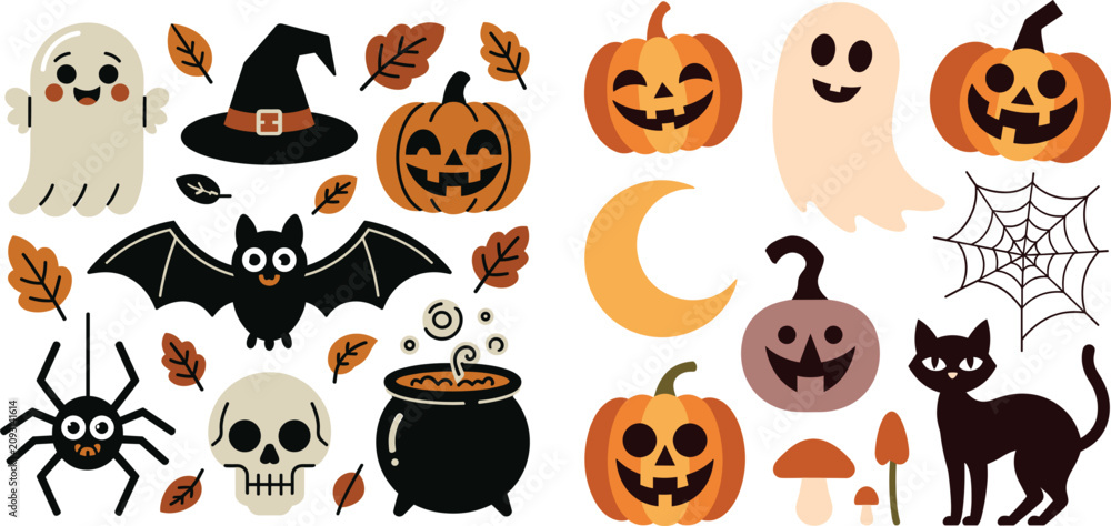 Fototapeta premium Halloween set featuring cute ghosts, witch hats, carved jack-o-lanterns, bats, spiders, skulls, bubbling cauldrons, autumn leaves, mushrooms, a crescent moon, and cobwebs on white