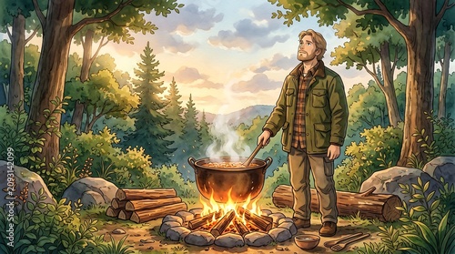 A solitary hiker cooking a warm meal over a crackling campfire in the quiet forest
