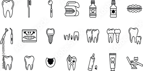 Foto Dental care and stomatology thin line icon set for dentistry medical clinic mark