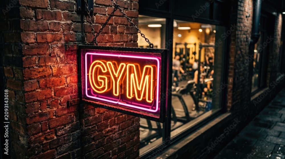 Naklejka premium Neon Gym Sign on Brick Building Exterior at Night with Exercise Equipment Visible Inside Through Large Window
