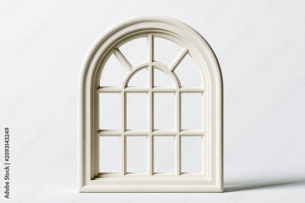 Fototapeta premium Classic arched window with muntin grid pattern, elegant architectural design element for home exterior or interior, isolated on white background