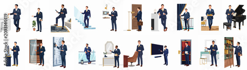 Bild auf Leinwand Collection of illustrations depicting a successful businessman in various luxury lifestyle scenarios, from smart homes to high-end offices and modern interiors