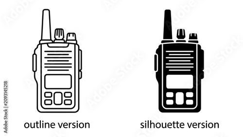 Tableau sur toile Walkie Talkie Icons: A set of two walkie-talkie icons, one in outline and one in silhouette, representing communication and technology