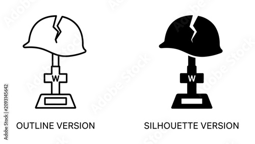 Bilde på lerret Fallen Soldier Memorial: A symbolic representation of a fallen soldier's helmet and cross, presented in both outline and silhouette versions